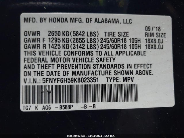 Honda Pilot Ex-l 2019 5FNYF6H59KB023351 Image 9