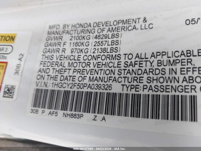 1HGCY2F50PA039326 Honda Accord Hybrid Sport