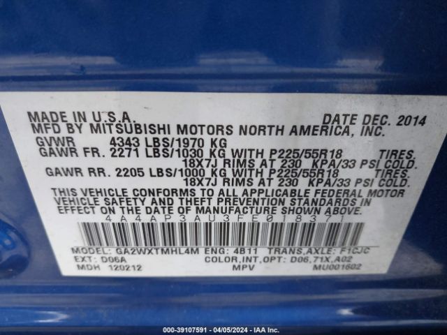 4A4AP3AU3FE018371 Mitsubishi Outlander Sport Es