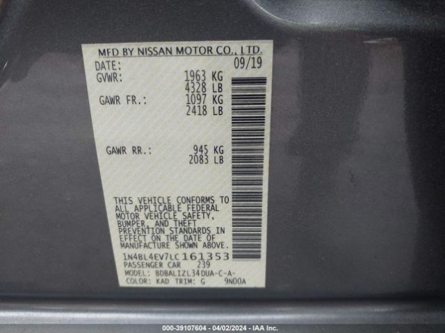1N4BL4EV7LC161353 Nissan Altima Sl Fwd