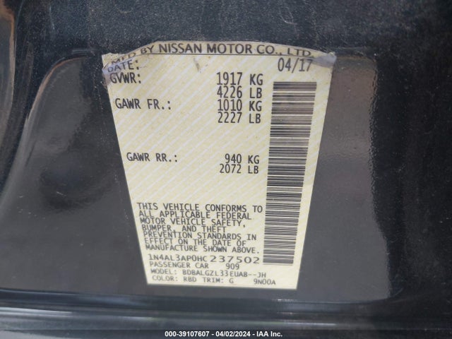 Nissan Altima 2.5 S 2017 1N4AL3AP0HC237502 Image 9