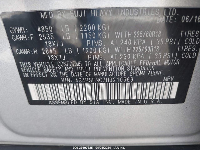 Subaru Outback 3.6r Limited 2017 4S4BSENC7H3210569 Image 9