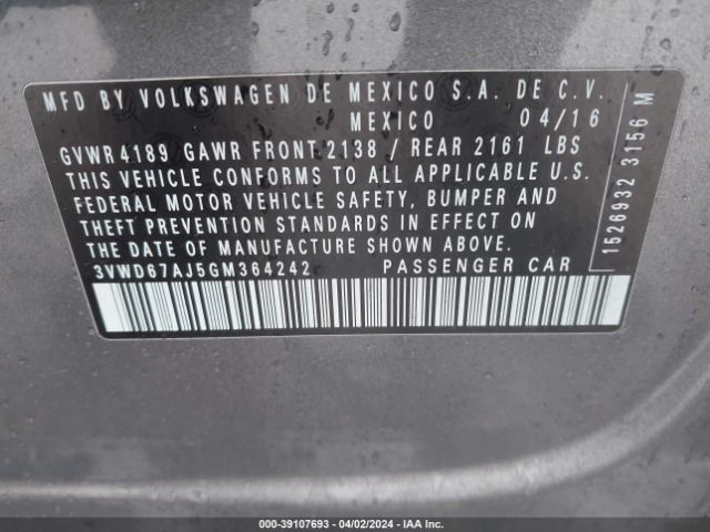3VWD67AJ5GM364242 Volkswagen Jetta 1.4t Se