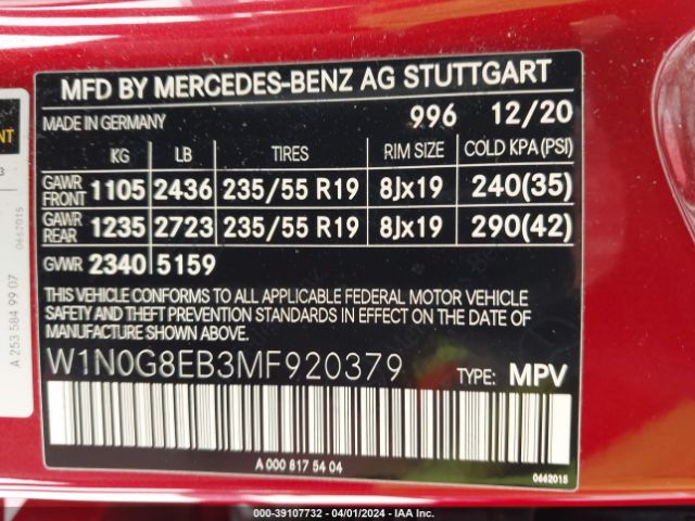 W1N0G8EB3MF920379 Mercedes-Benz Glc 300 4matic Suv