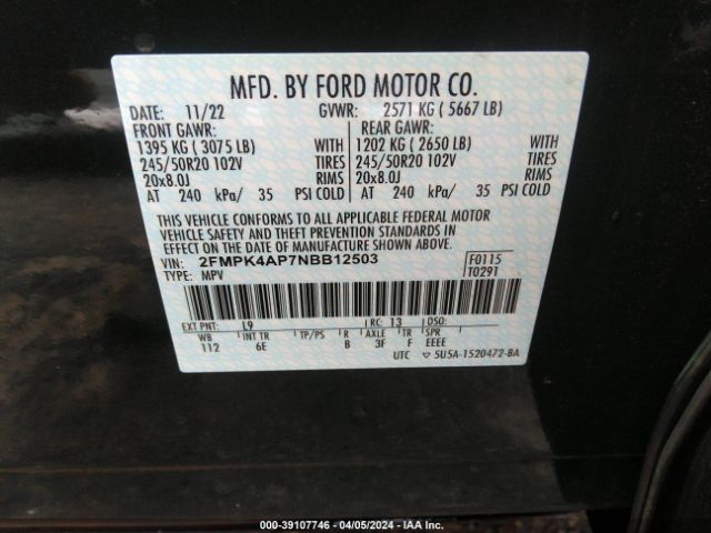 2FMPK4AP7NBB12503 Ford EDGE ST