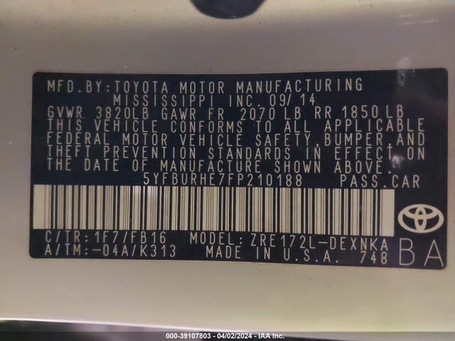 Toyota COROLLA LE 2015 5YFBURHE7FP210188 Image 9