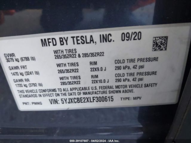 5YJXCBE2XLF300615 Tesla Model X Long Range Dual Motor All-wheel Drive/long Range Plus Dual Motor All-wheel Drive