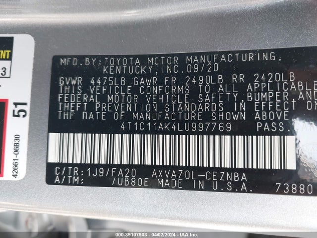 Toyota CAMRY LE 2020 4T1C11AK4LU997769 Image 9