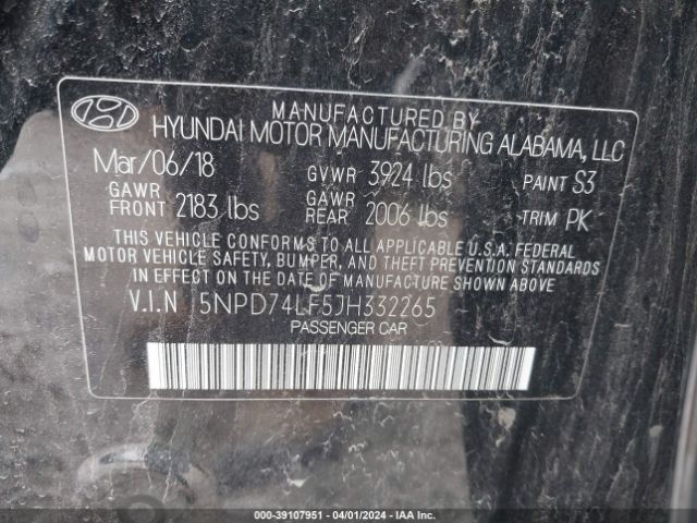 5NPD74LF5JH332265 Hyundai ELANTRA SE