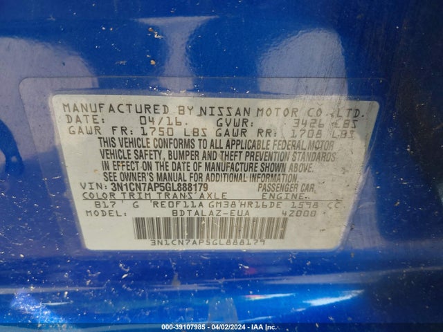 Nissan Versa 1.6 S+ 2016 3N1CN7AP5GL888179 Image 9