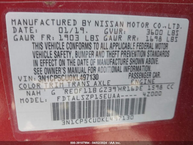Nissan KICKS SV 2019 3N1CP5CU0KL497130 Image 9