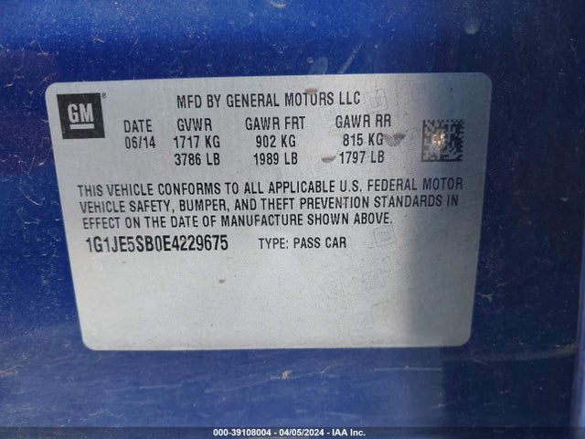 Chevrolet Sonic Ltz Auto 2014 1G1JE5SB0E4229675 Image 9