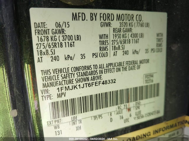 Ford Expedition El Xlt 2015 1FMJK1JT6FEF48332 Image 9