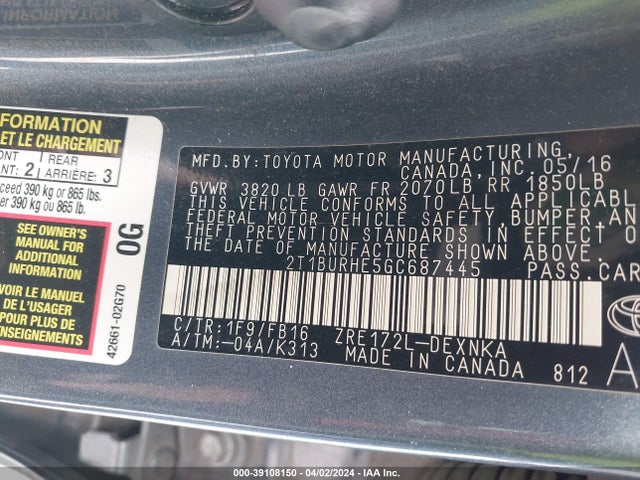 Toyota COROLLA LE 2016 2T1BURHE5GC687445 Image 9