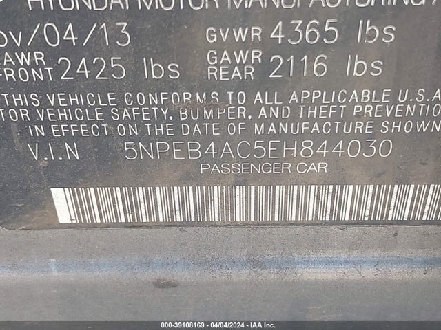 Hyundai SONATA GLS 2014 5NPEB4AC5EH844030 Image 9