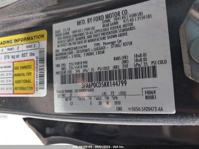 Ford FUSION SEL 2019 3FA6P0CD5KR144799 Image 9