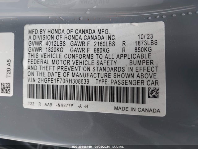 Honda CIVIC EX 2024 2HGFE1F70RH308639 Image 9
