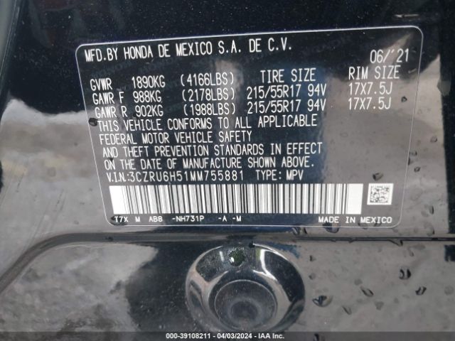 3CZRU6H51MM755881 Honda Hr-v Awd Ex