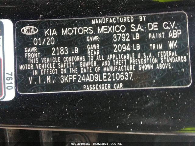 3KPF24AD9LE210637 KIA Forte Lxs