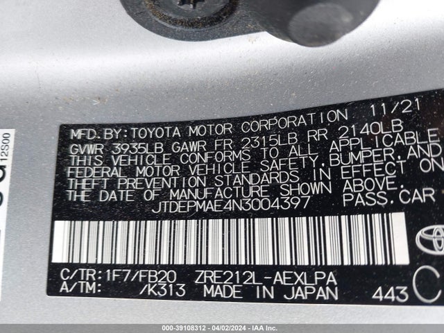 Toyota COROLLA LE 2022 JTDEPMAE4N3004397 Image 9