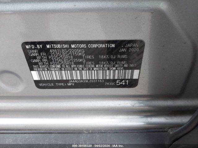 JA4AD3A39LZ031163 Mitsubishi Outlander Le 2.4/se 2.4/sel 2.4/sp 2.4