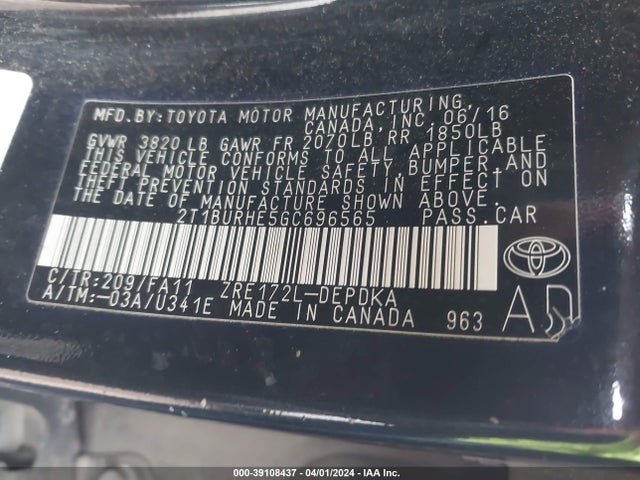 Toyota COROLLA L 2016 2T1BURHE5GC696565 Image 9