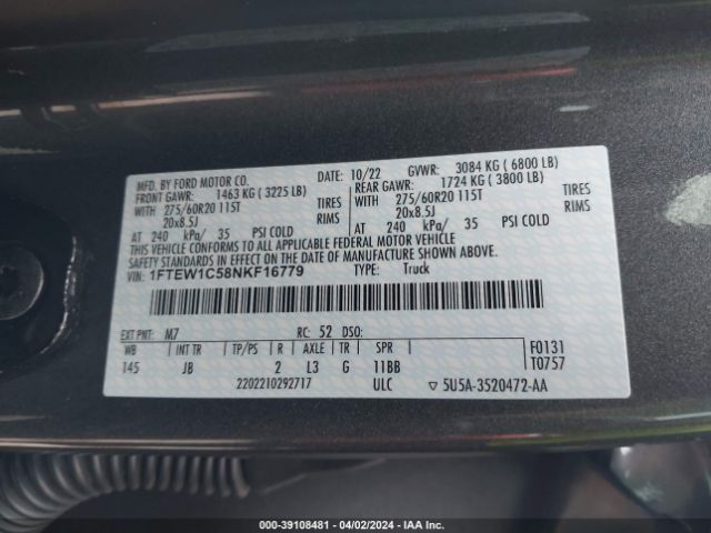 1FTEW1C58NKF16779 Ford F-150 Xl