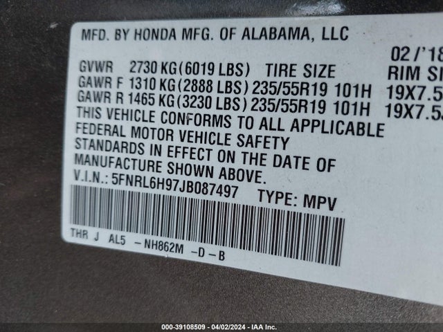 Honda Odyssey Elite 2018 5FNRL6H97JB087497 Image 9