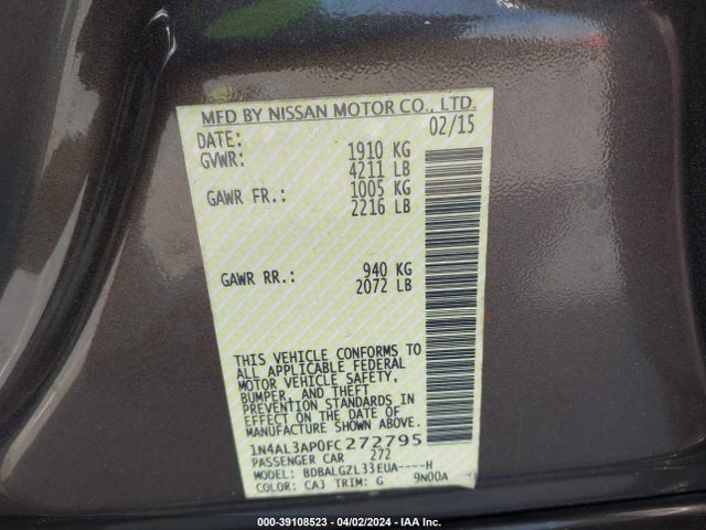 Nissan Altima 2.5 S 2015 1N4AL3AP0FC272795 Image 9