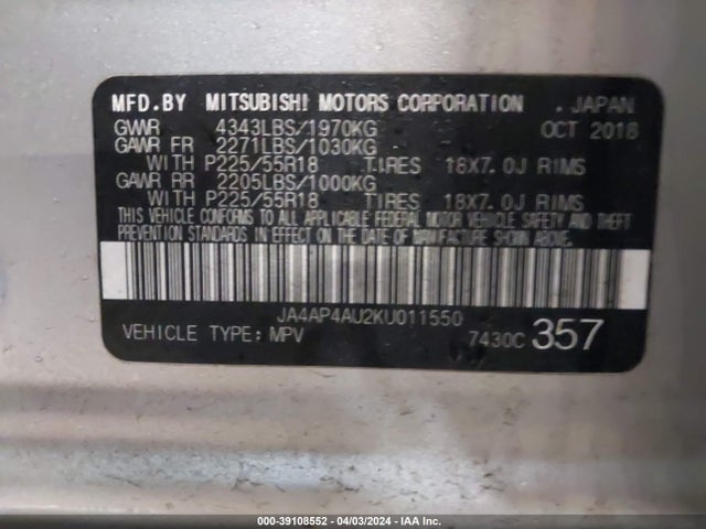 JA4AP4AU2KU011550 Mitsubishi Outlander Sport 2.0 Se