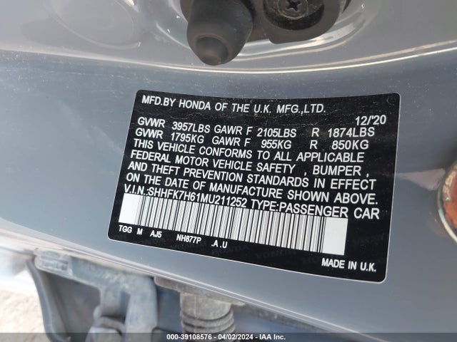Honda CIVIC EX 2021 SHHFK7H61MU211252 Image 9