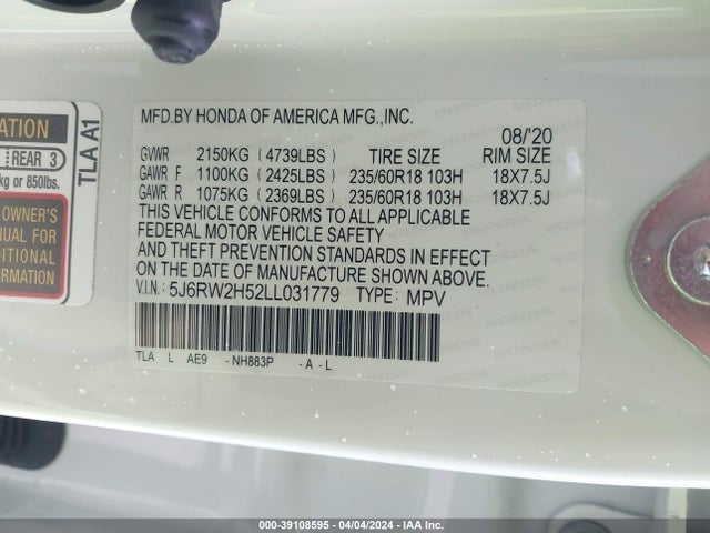 Honda Cr-v Awd Ex 2020 5J6RW2H52LL031779 Image 9