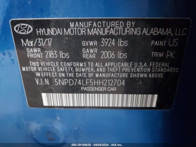 5NPD74LF5HH212704 Hyundai ELANTRA SE