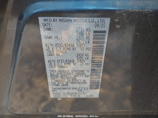 Nissan Pathfinder Sl 2015 5N1AR2MN8FC662715 Image 9