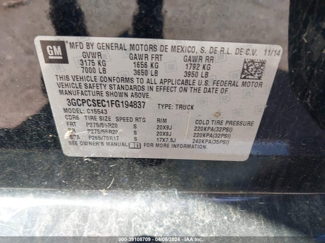 Chevrolet Silverado 1500 1lz 2015 3GCPCSEC1FG194837 Image 9
