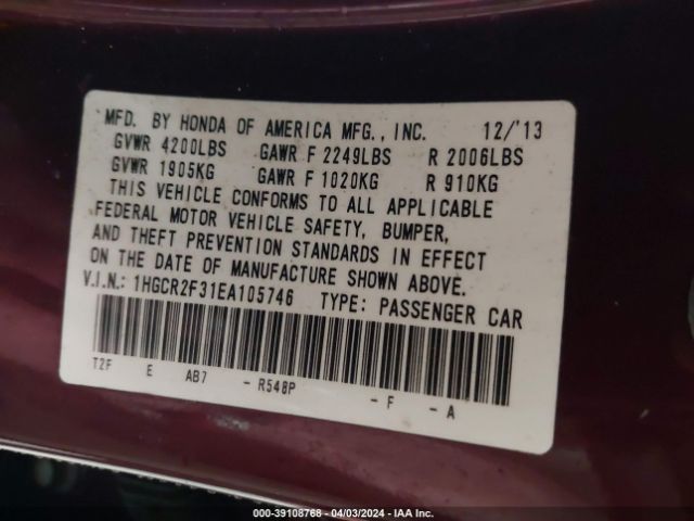 1HGCR2F31EA105746 Honda ACCORD LX
