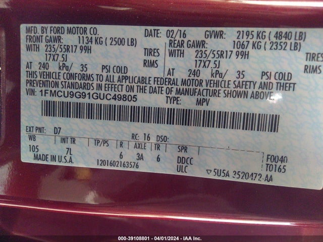 Ford ESCAPE SE 2016 1FMCU9G91GUC49805 Image 9