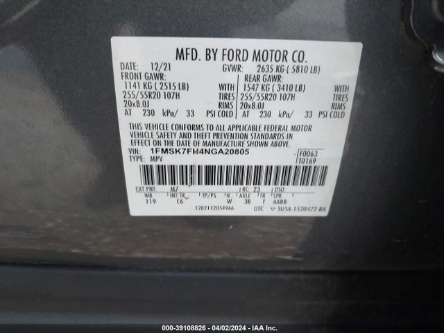 Ford Explorer Limited 2022 1FMSK7FH4NGA20805 Image 9