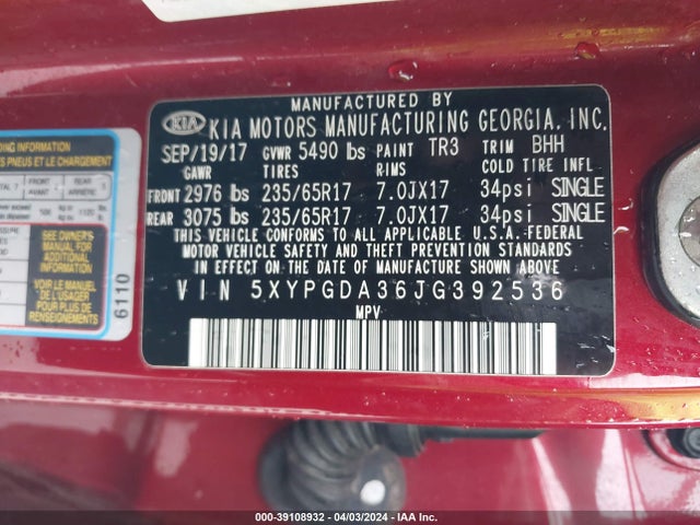 KIA Sorento 2.4l Lx 2018 5XYPGDA36JG392536 Image 9