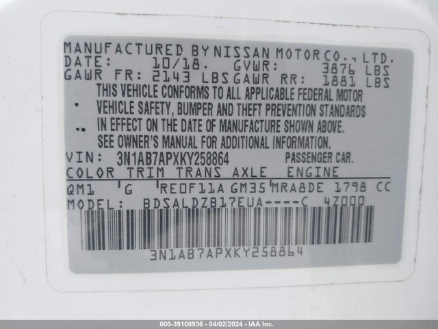 Nissan SENTRA SV 2019 3N1AB7APXKY258864 Image 9
