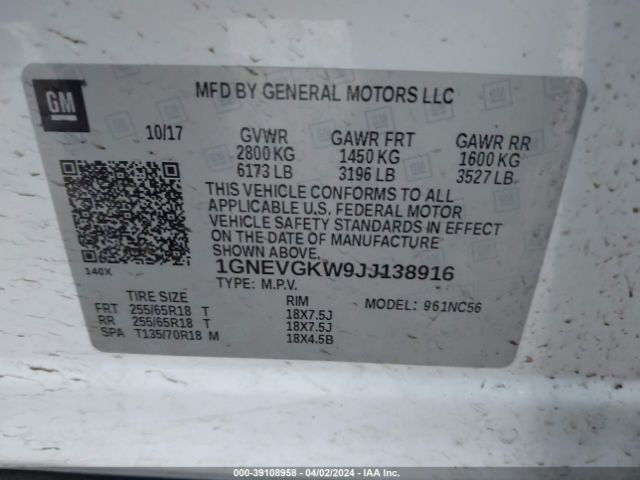 1GNEVGKW9JJ138916 Chevrolet Traverse 1lt