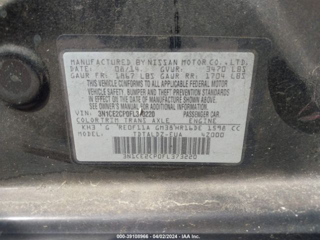 3N1CE2CP0FL373220 Nissan Versa Note S (sr)/s Plus/sl/sr/sv