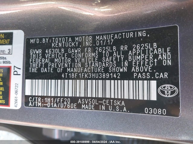 Toyota CAMRY SE 2017 4T1BF1FK3HU389142 Image 9
