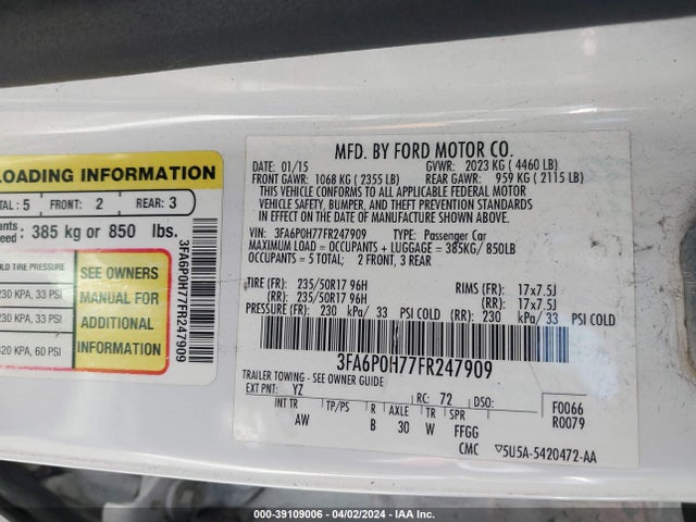 Ford FUSION SE 2015 3FA6P0H77FR247909 Image 9