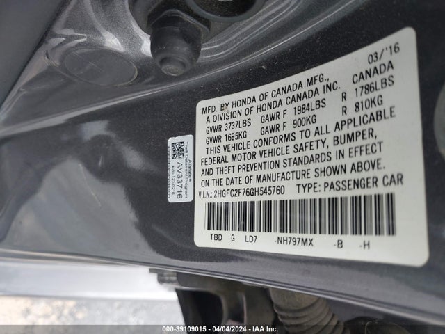 Honda CIVIC EX 2016 2HGFC2F76GH545760 Image 9