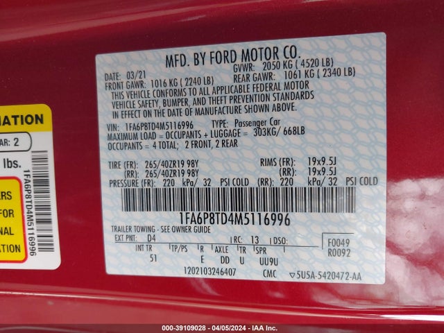 Ford Mustang Ecoboost Premium Fastback 2021 1FA6P8TD4M5116996 Image 9