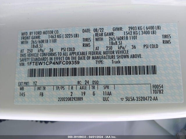 Ford F-150 Xlt 2022 1FTEW1CP4NFC09359 Image 9