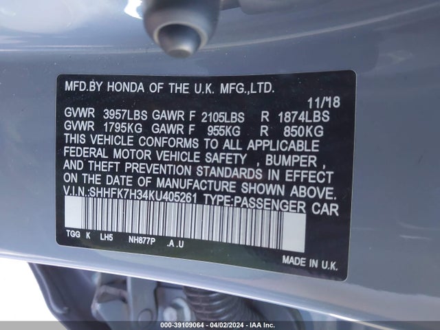 Honda Civic Lx 2019 SHHFK7H34KU405261 Image 9