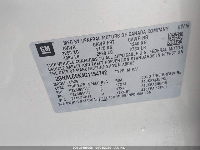 Chevrolet EQUINOX LT 2016 2GNALCEK4G1154742 Image 9