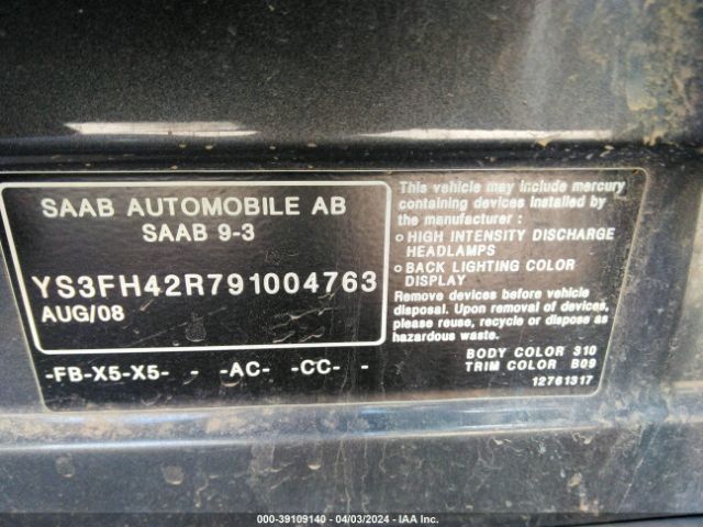 2009 SAAB 9-3 YS3FH42R791004763 Photo 8